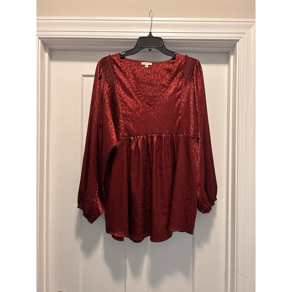 Jodifl Blouse Size Large Burgundy Satin Leopard Print V-Neck Babydoll  Tunic LS - Picture 1 of 4